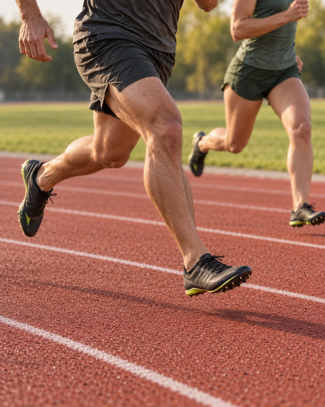 Two adults running on an athletics track, photographed from the shoulders down