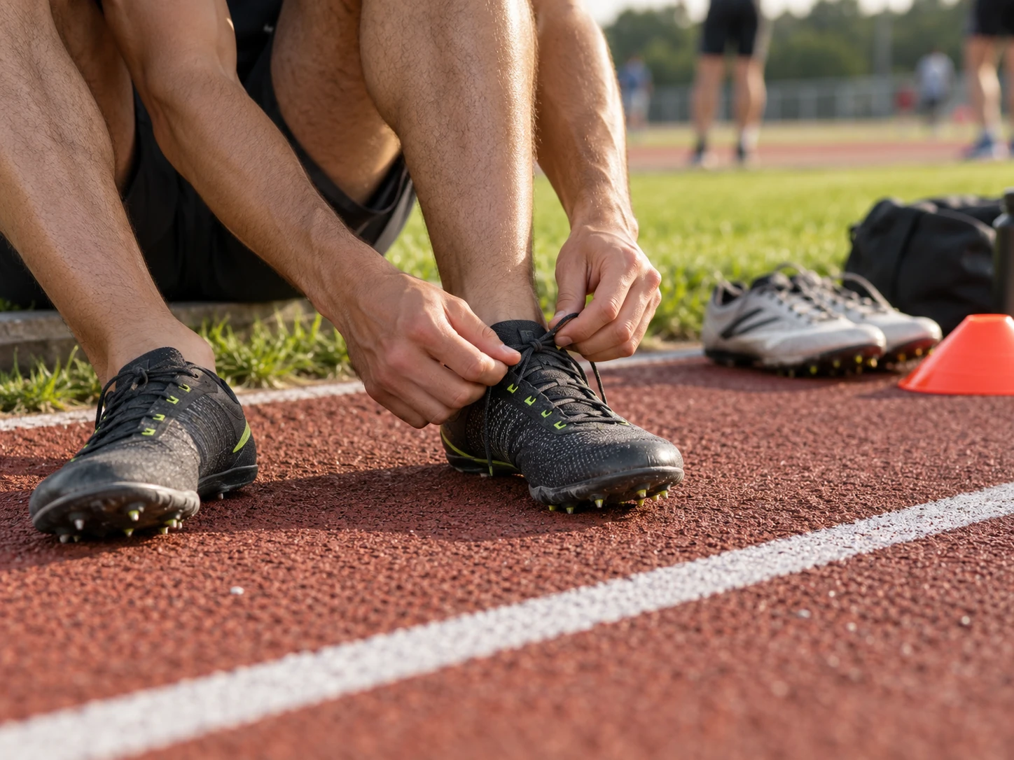 Close-up of a runner tying sprint spikes beside the track